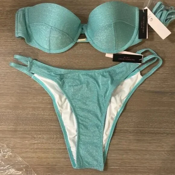 Victoria's Secret Swimsuit Bikini Sparkle blue green 32C / Medium High Leg - Picture 1 of 4